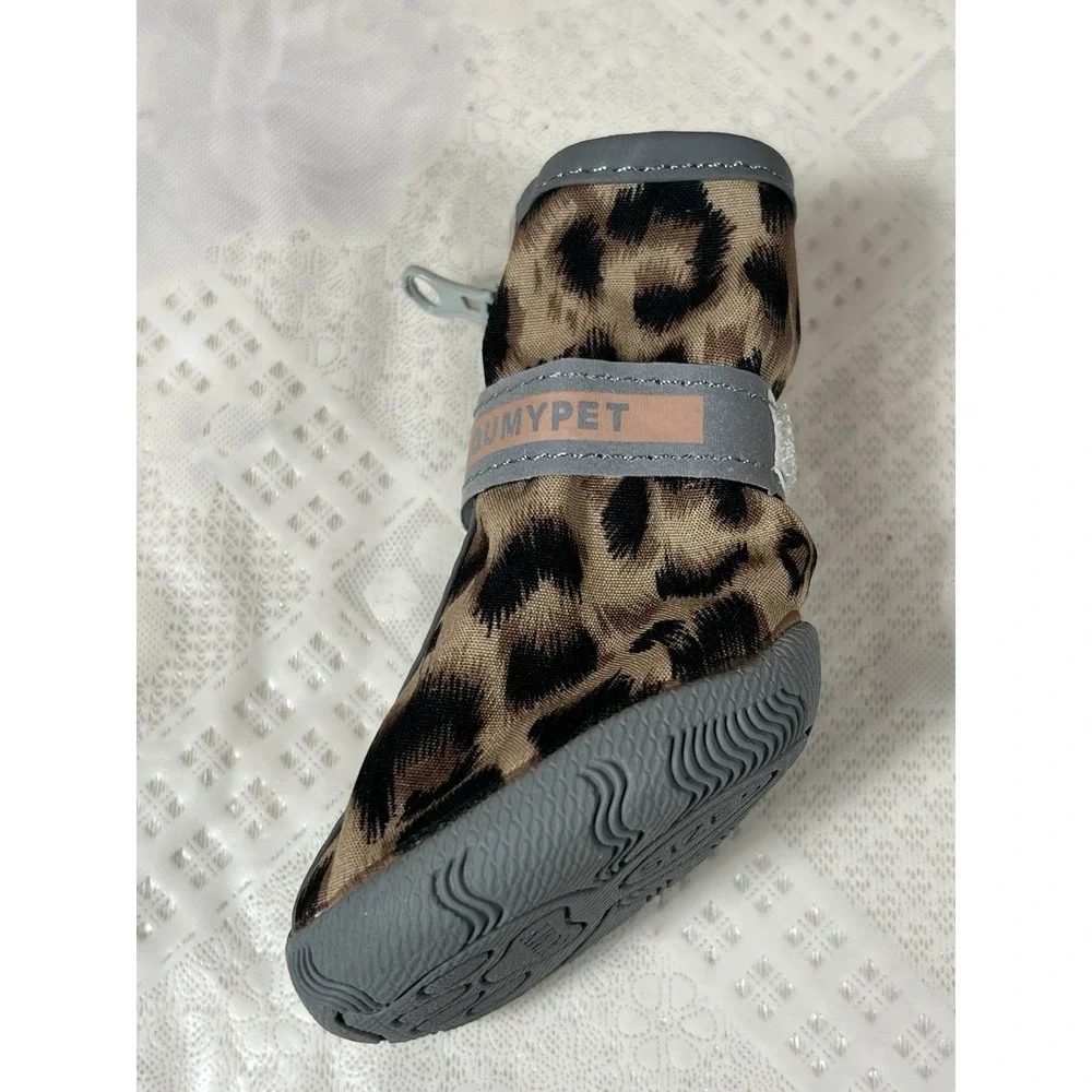 Dog Boots Shoes Size 5 Non-slip Rubber Brown Gray Leopard Print Set‎ of 4